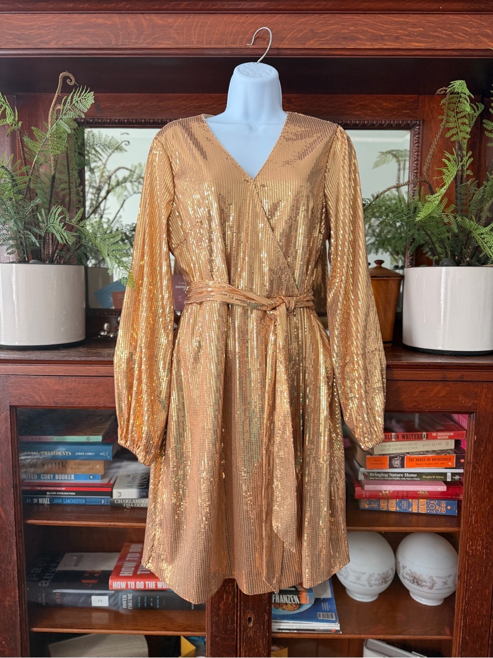 INC Gold Sequin Wrap Dress with Tie Waist NWT